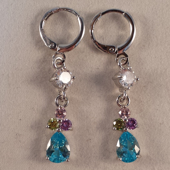 Jewelry - 18K White Gold Filled Flower Blue Diamond Zircon Dangle Earrings 1.25ctw Gift